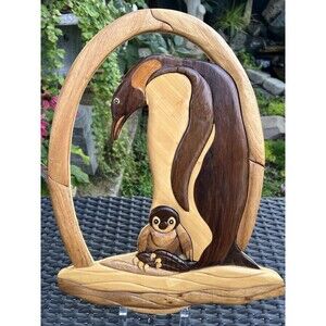 Handmade Penguin & Baby Wood Intarsia Wall Art 16” Artist Made Penguin Gift